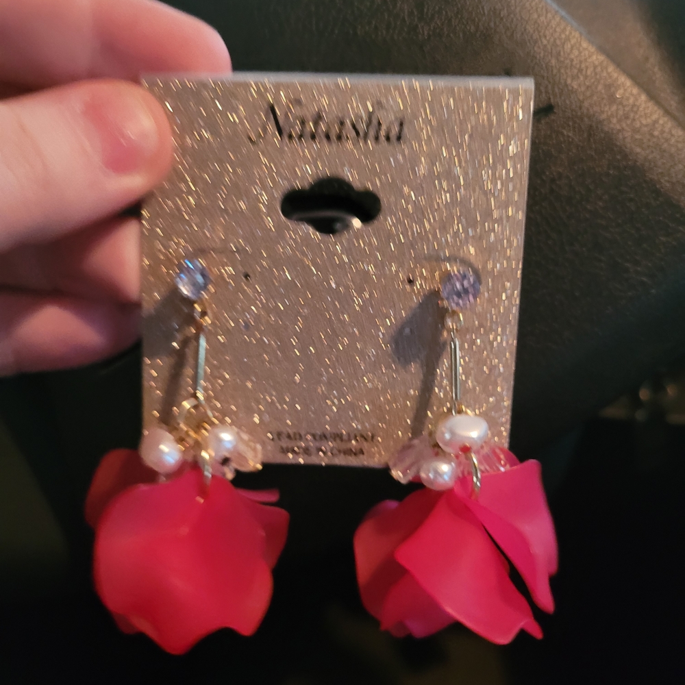Nina Red Floral Pearl Drop Earrings